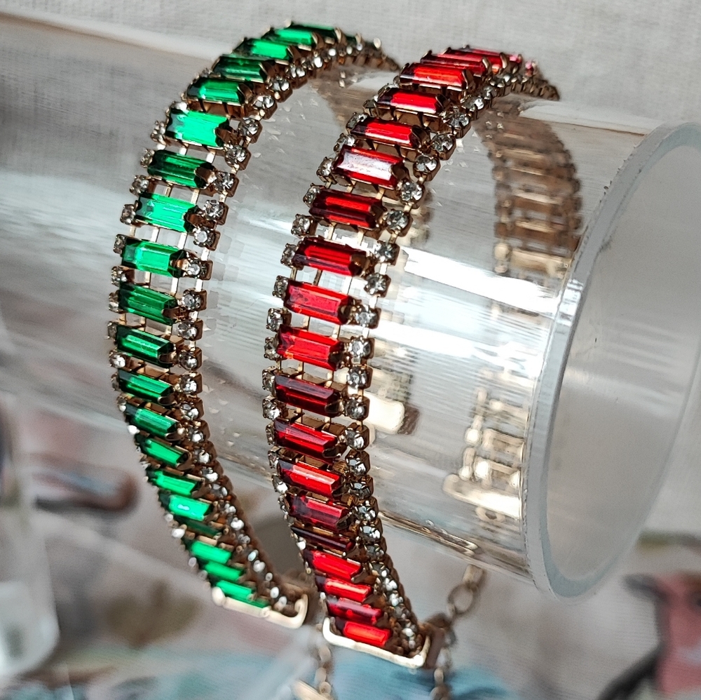2 Guess Brand Red and Green Emerald Stones Baguette Gold Tone Y2K Bracelets